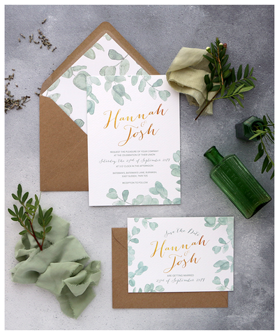 gold and leafy wedding invite