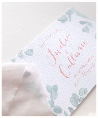 eucalyptus and blush wedding save the date