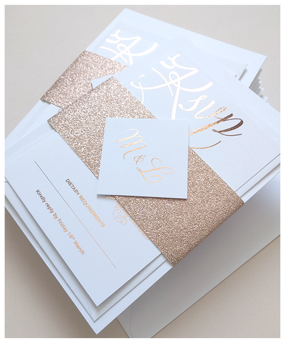 rose gold wedding invite with glitter bellyband