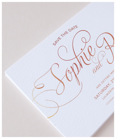 white and gold wedding invites