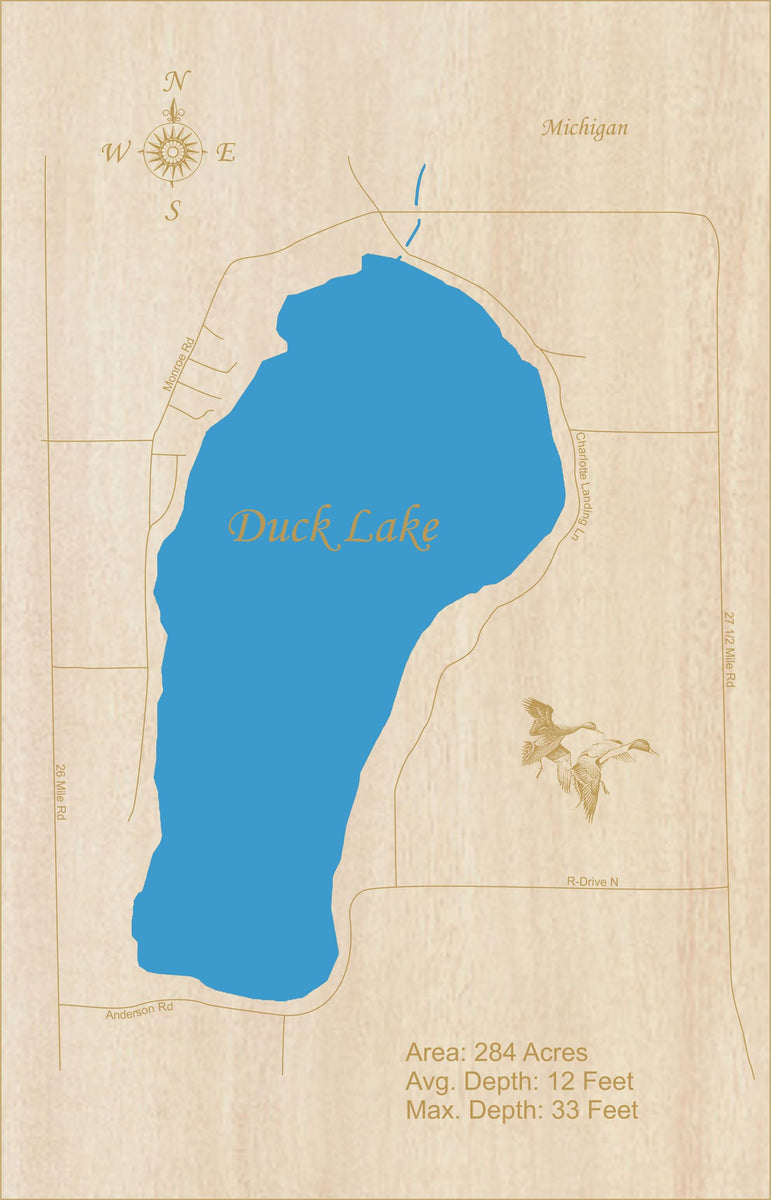 Duck Lake, Michigan (Calhoun County) Laser Cut Wood Map