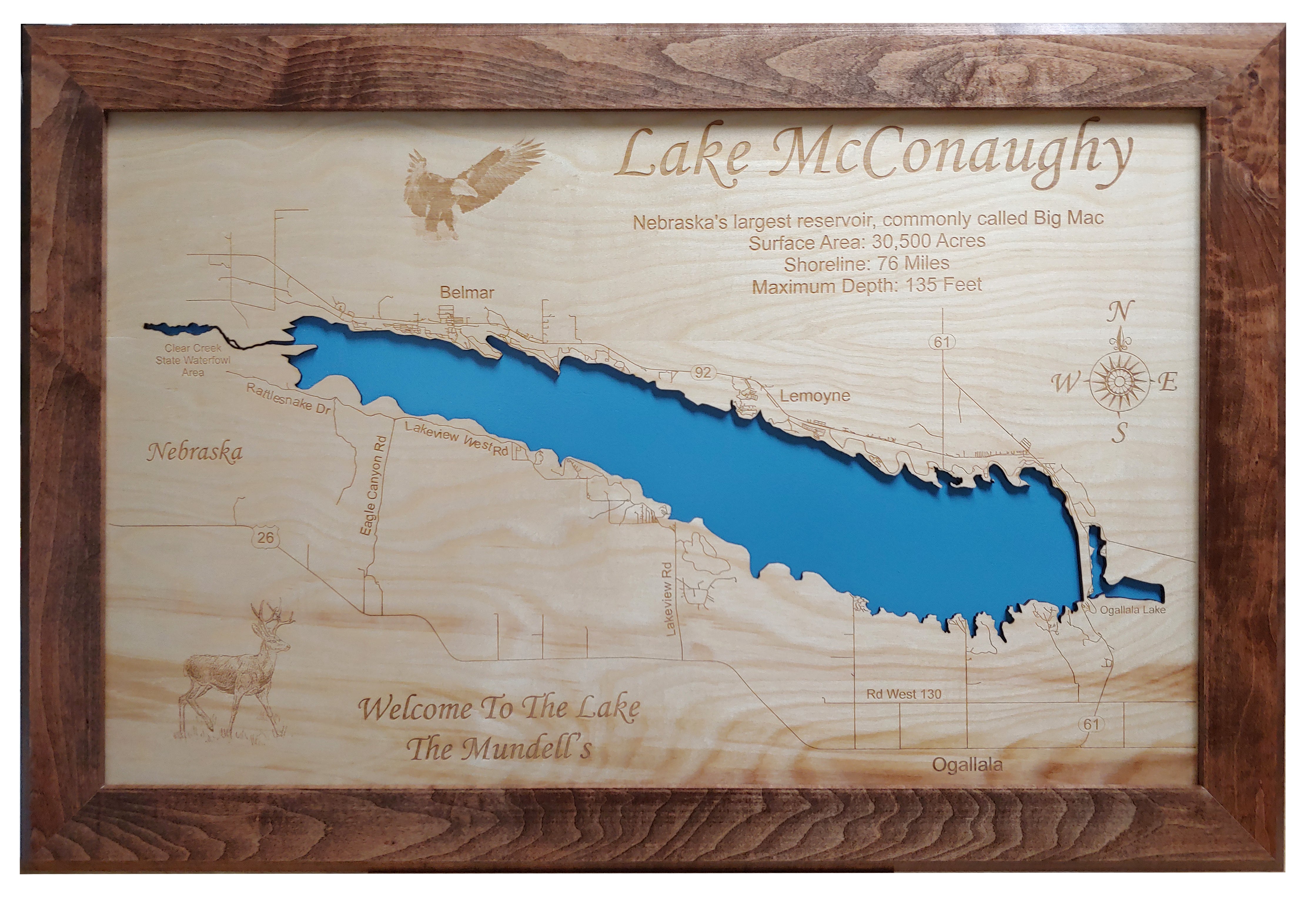 Lake Mcconaughy Fishing Map Lake Mcconaughy, Nebraska - Laser Cut Wood Map