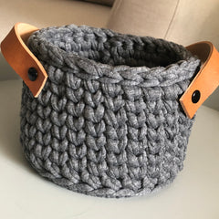 T-shirt yarn basket with leather handles
