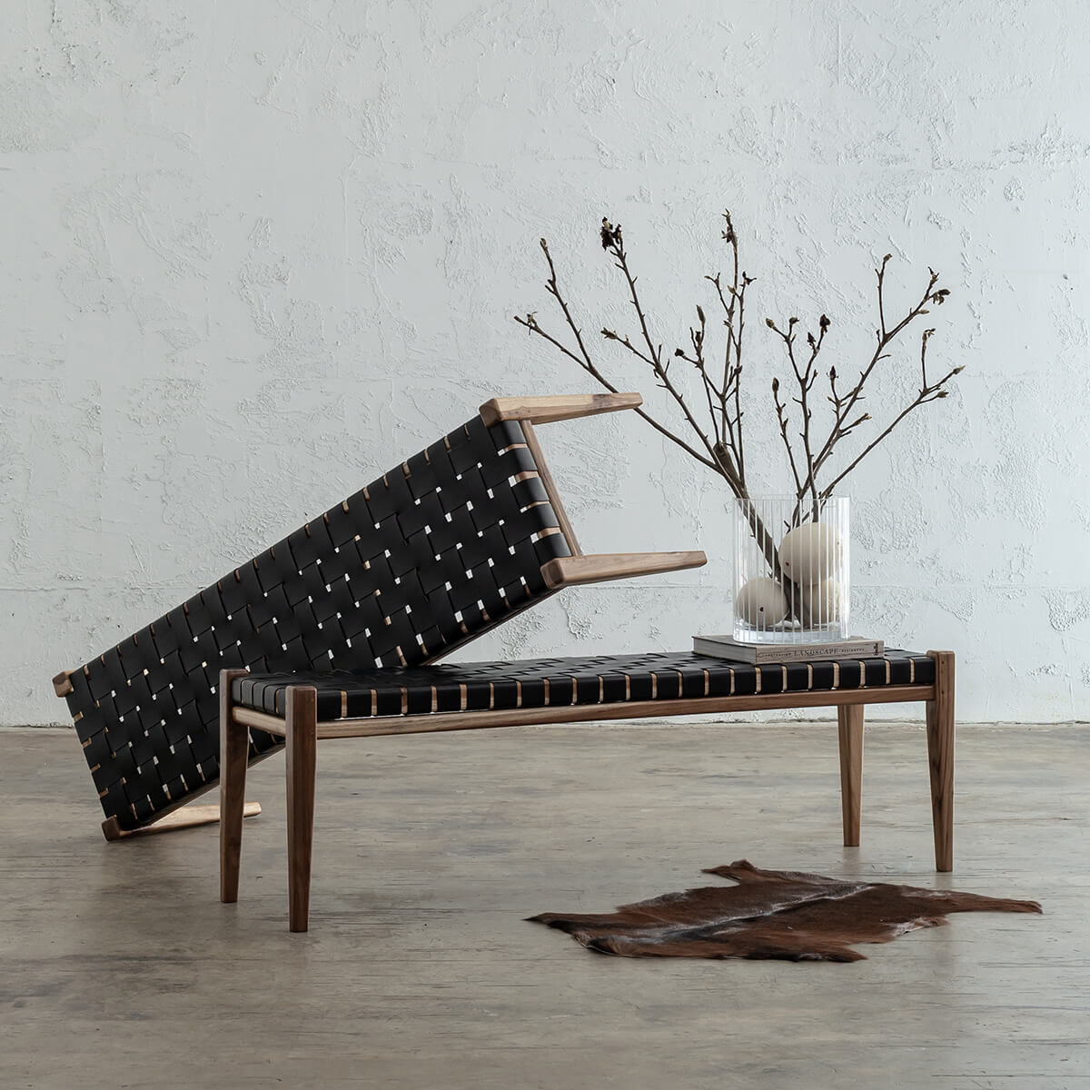 MALAND WOVEN LEATHER BENCH | BLACK LEATHER HIDE – Living By Design