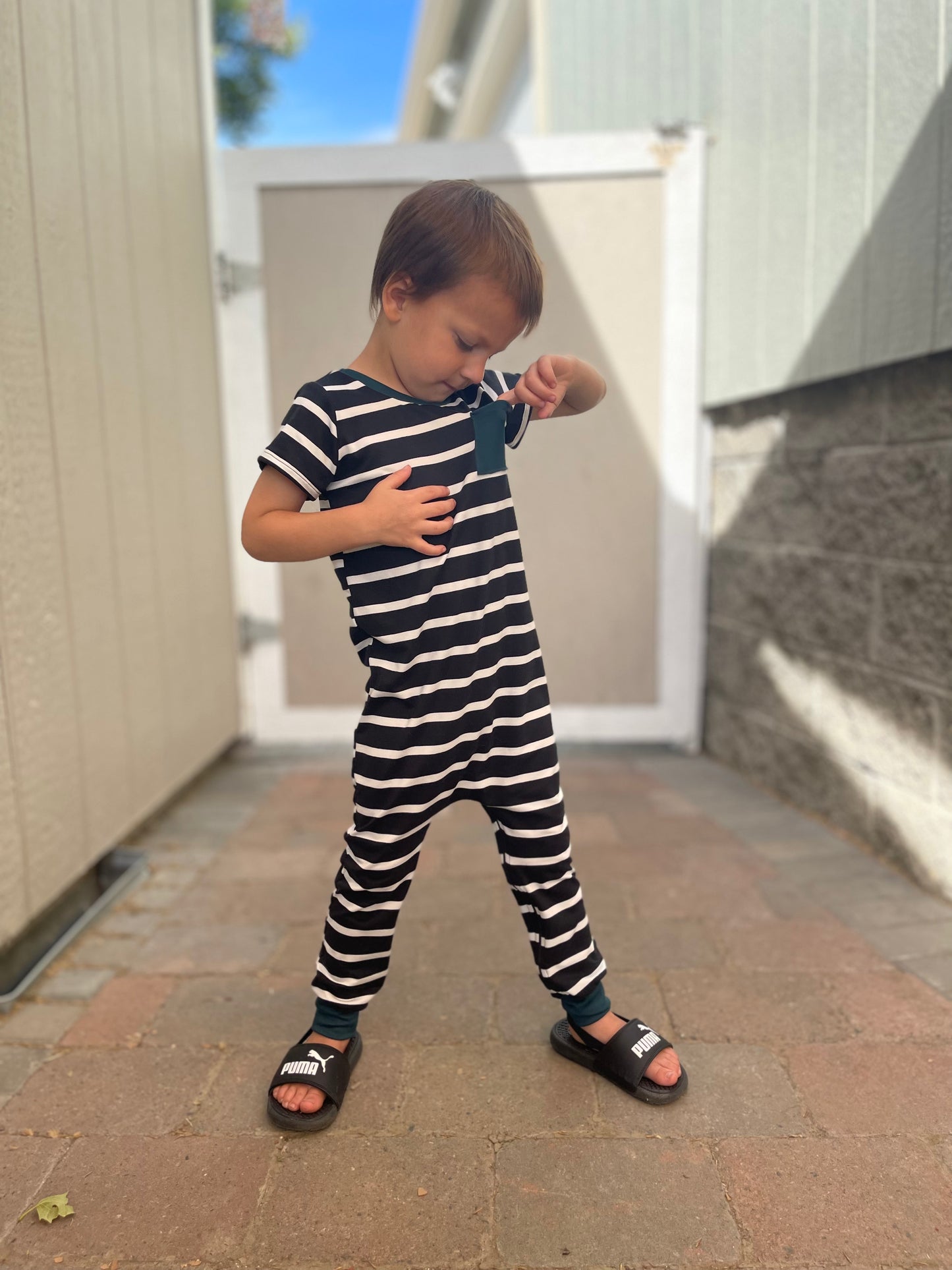 Black/White Stripe Pine Pocket Zip Romper - Zipease