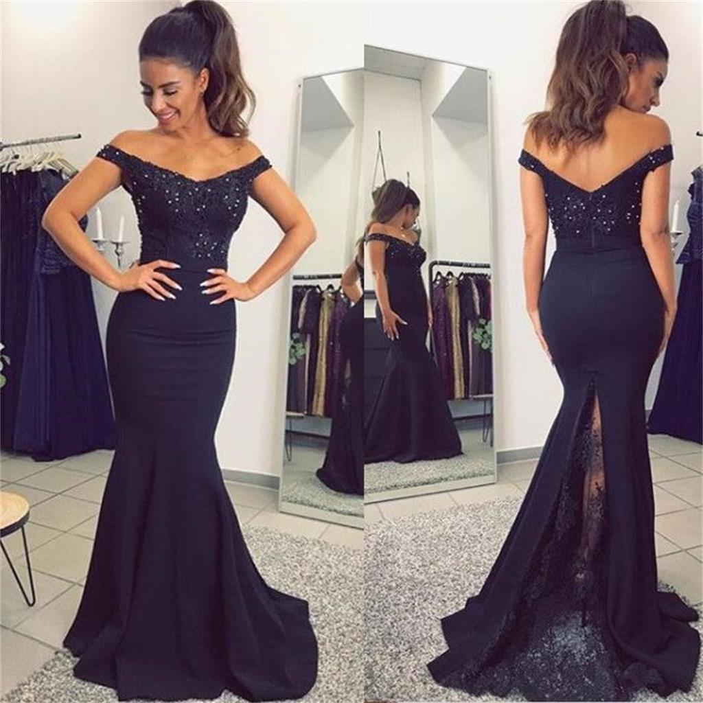 navy blue off shoulder prom dress