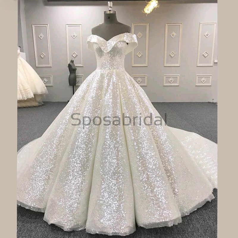 off the shoulder sparkly wedding dress
