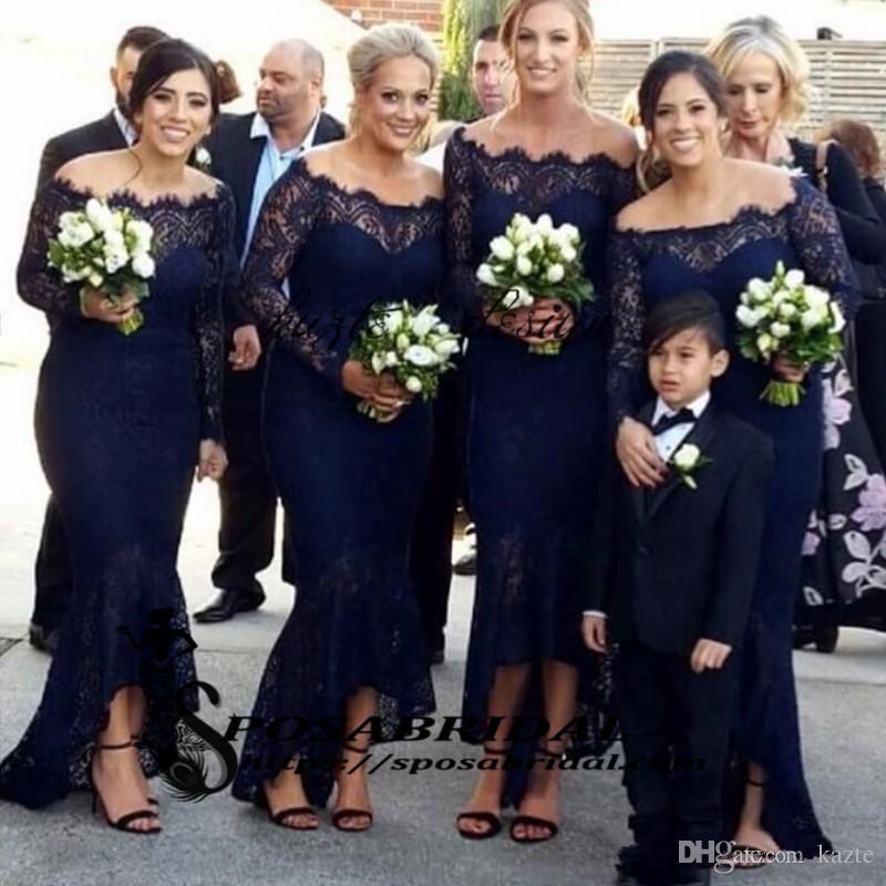 navy blue lace long sleeve bridesmaid dresses