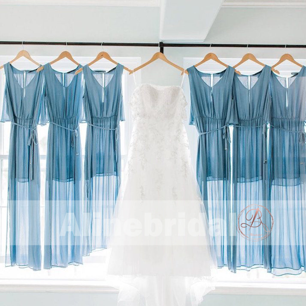 Blue Chiffon V Neck Simple Beach Wedding Bridesmaid Dresses With Splits Ab1226