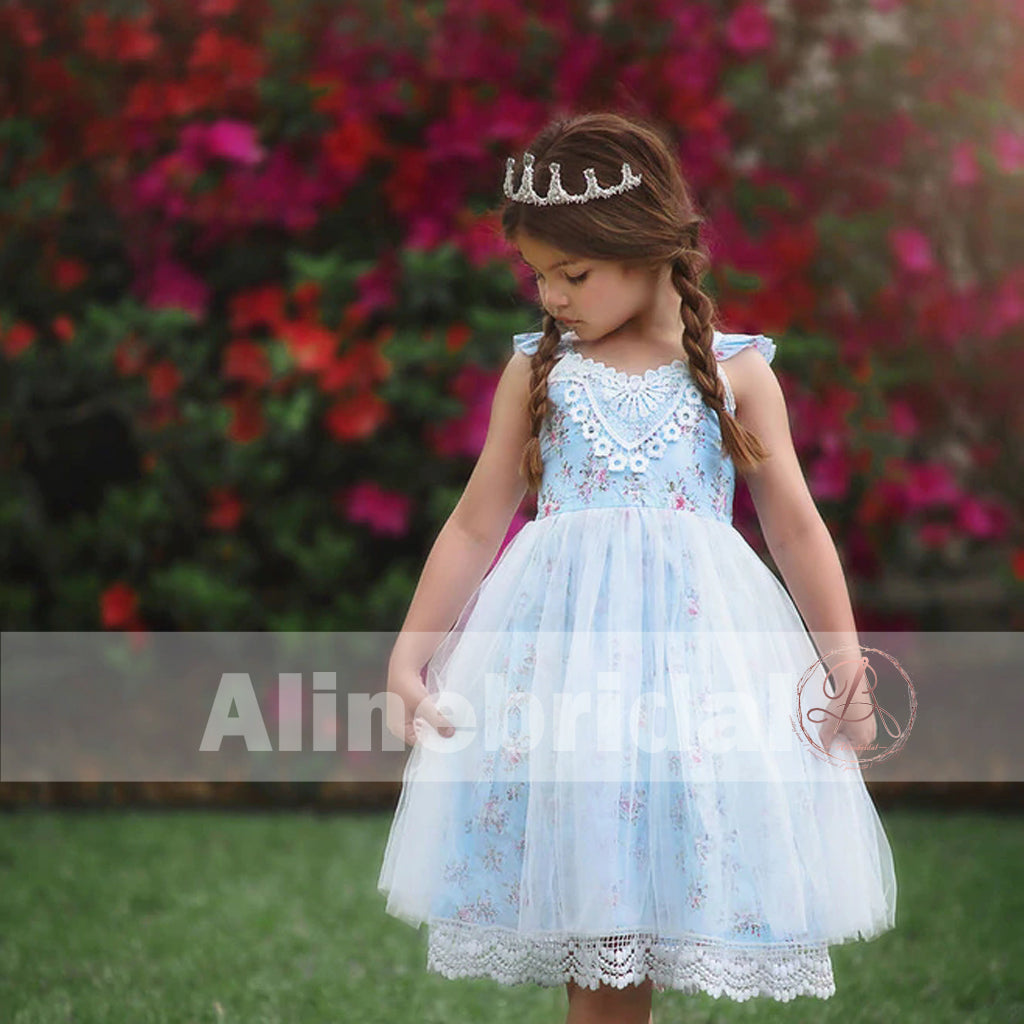 Fashion Blue Floral Ivory Lace Country Wedding Flower Girl Dresses