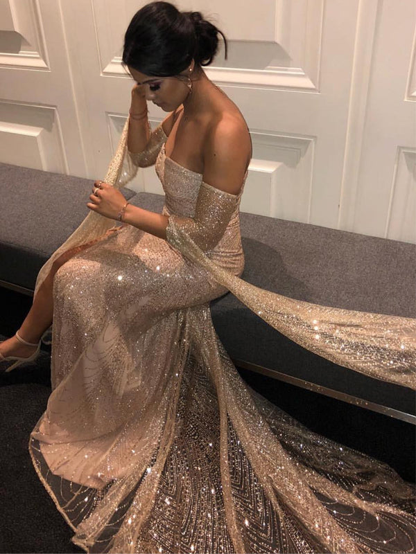 long sleeve gold prom dress