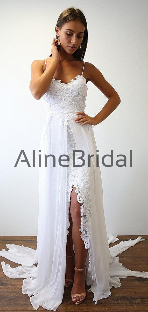 Spaghetti Strap Lace Chiffon Slits Boho Beach Wedding Dresses Ab1544 Alinebridal 9440