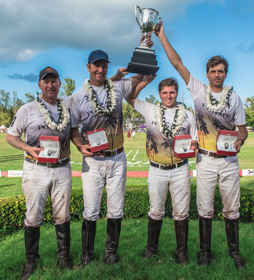 Simon Keyte, John Paul Clarkin, Santi Torres, and Gaston Gassiebayle in Hawaii Polo Life Team Jersey's at the Cartier Winner's Circle at the Kahala Hotel and Resort for the Hawaii International Polo Association Invitational