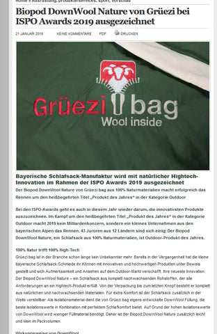 Onlinemagazin Androgon-ISPO Awards 2019-Auszeichnung-Biopod DownWool Nature von Gruezi bag