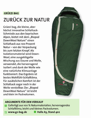 Grüezi bag Biopod DownWool Nature im Magazin 'outdoor.markt' Ausgabe05 Juni 2018