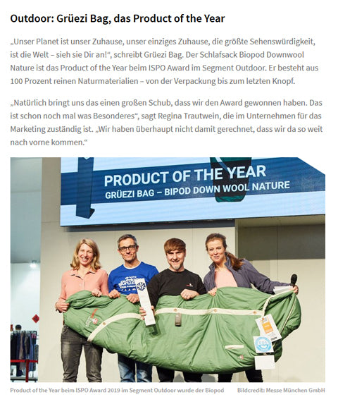 ISPO Award 2019-Gruezi bag-Product of the year