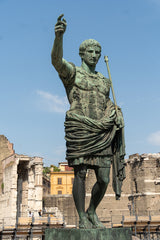 Picture of a bronze statue of Roman Emperor Augustus Caesar, or Octavian, Rome's first emperor, close to the Forum of Augustus