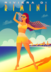 Illustration of a woman standing on the beach on the Adriatic coast in Rimini, Italy.