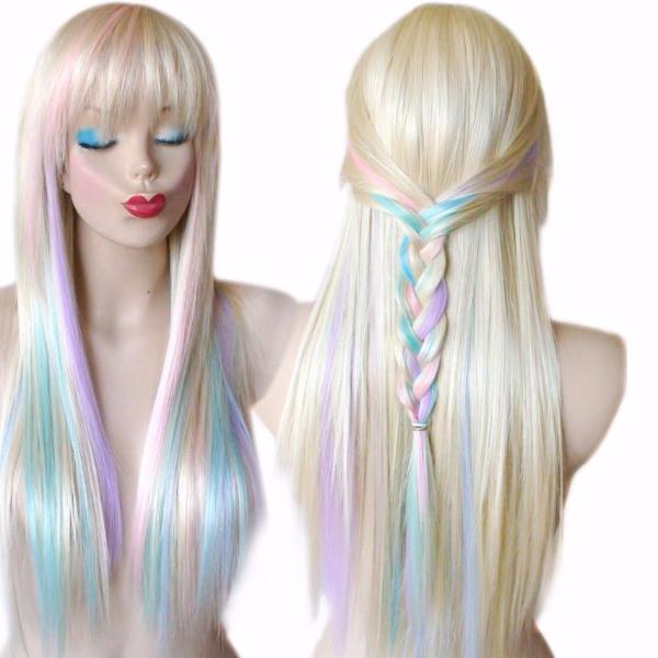 Unicorn Hair Color Wig With Subtle Pastel Pink Purple And Blue