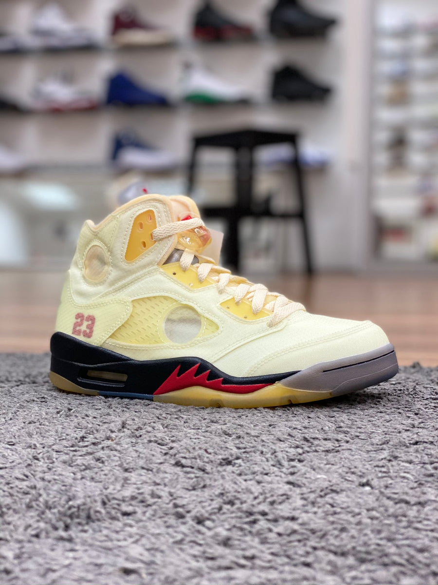 fire red jordan 5 off white