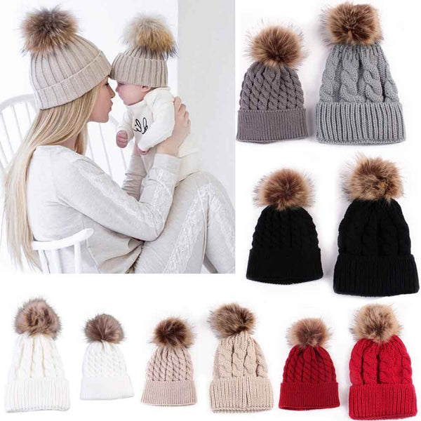 mother and baby pom pom hats