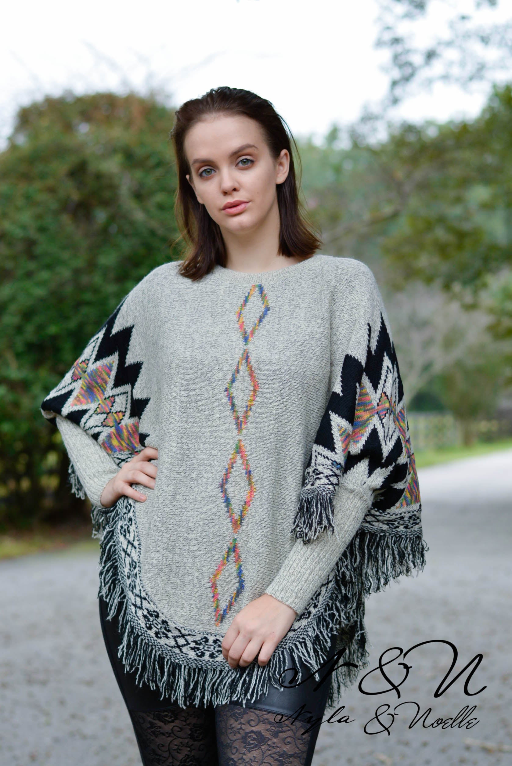 SAUSALITO - Sweater Knit Poncho with Fringe and Sleeves