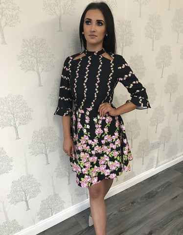 ALEXA BLACK FLORAL FLARE SLEEVE DRESS