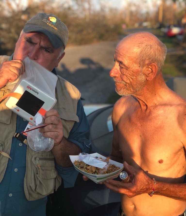 Chef Jose Andres inflates a PackLite Hero 2-in-1 Supercharger in Panama City, FL.