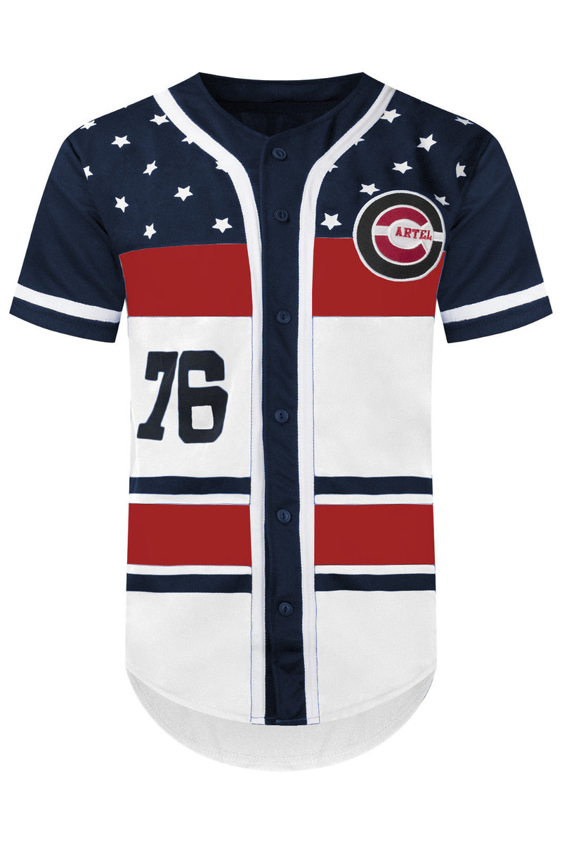 red white and blue baseball jerseys