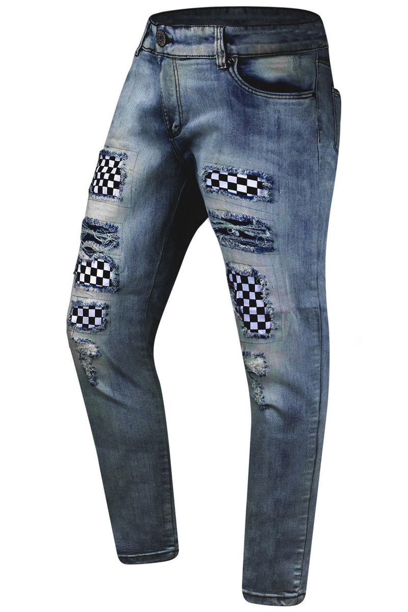 checkered denim jeans mens