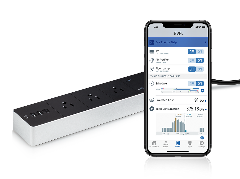 Eve Energy Strip with iPhone showcasing stats on its energy use.