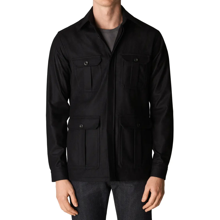 Wool-Cashmere Flannel Overshirt in Black