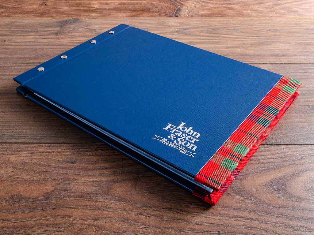a3 landscape personalised presentation portfolio cover in blue fabric and tartan detail