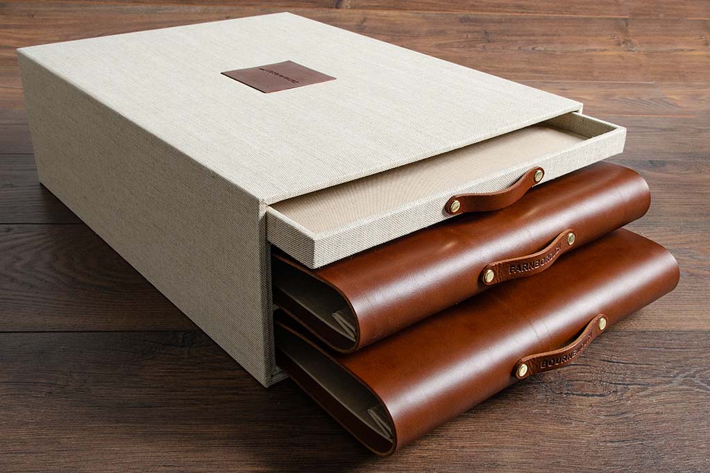 a3 presentation box and brown leather albums with drawer for a letter and a commercial tender bid 
