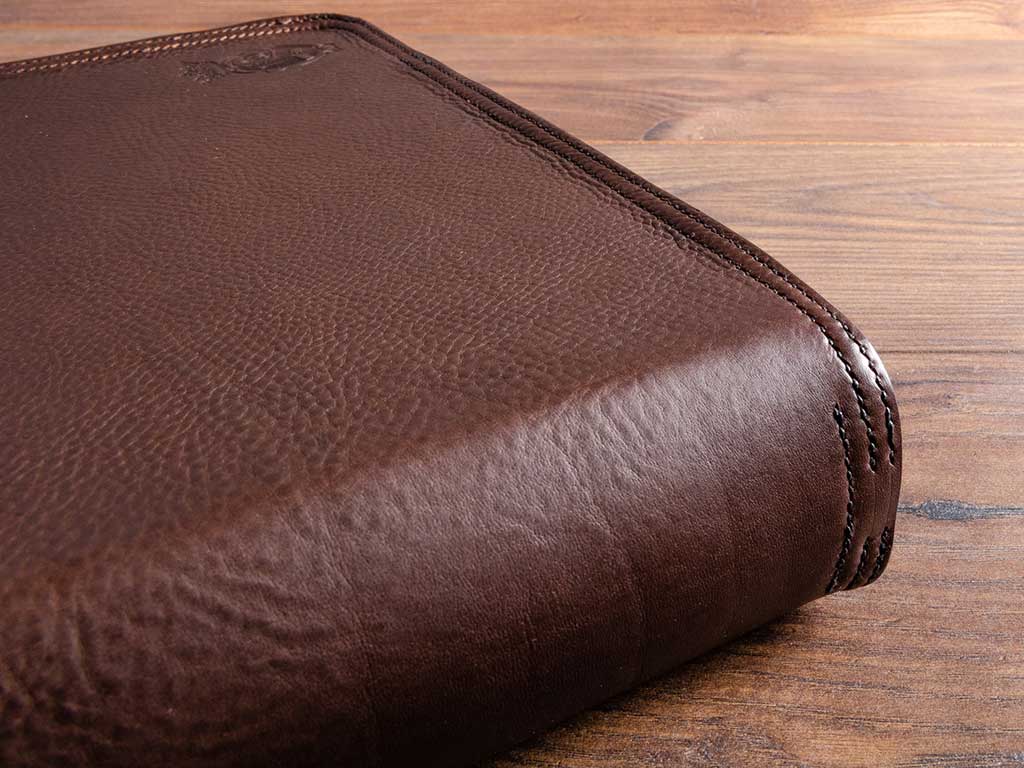 large leather portfolio binder with hand stitching details