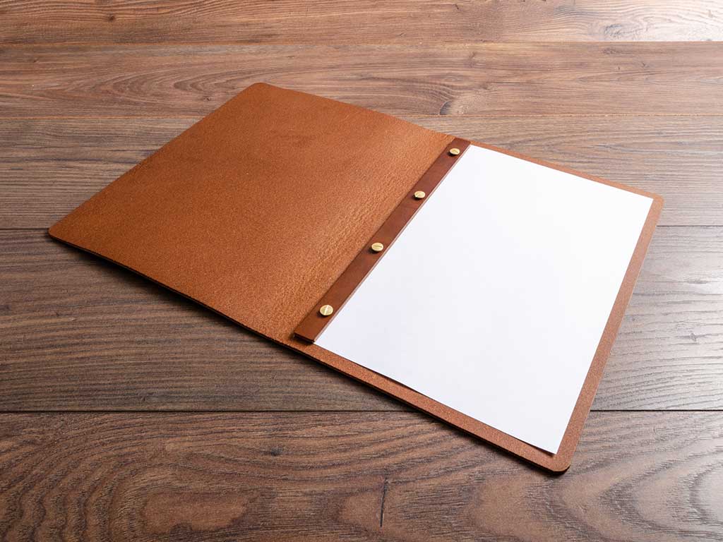 brown genuine leather a4 menu with screw post mechanism