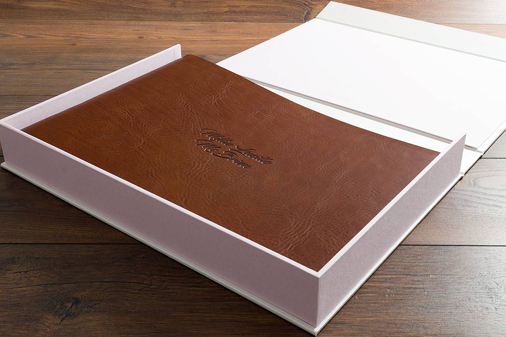 personalized leather baby keepsake album in clamshell box 