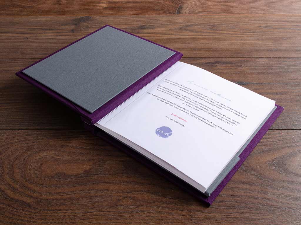 custom made luxury guest book in grey and purple
