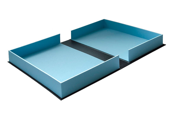 custom made clamshell box in blue and black by hartnack and co