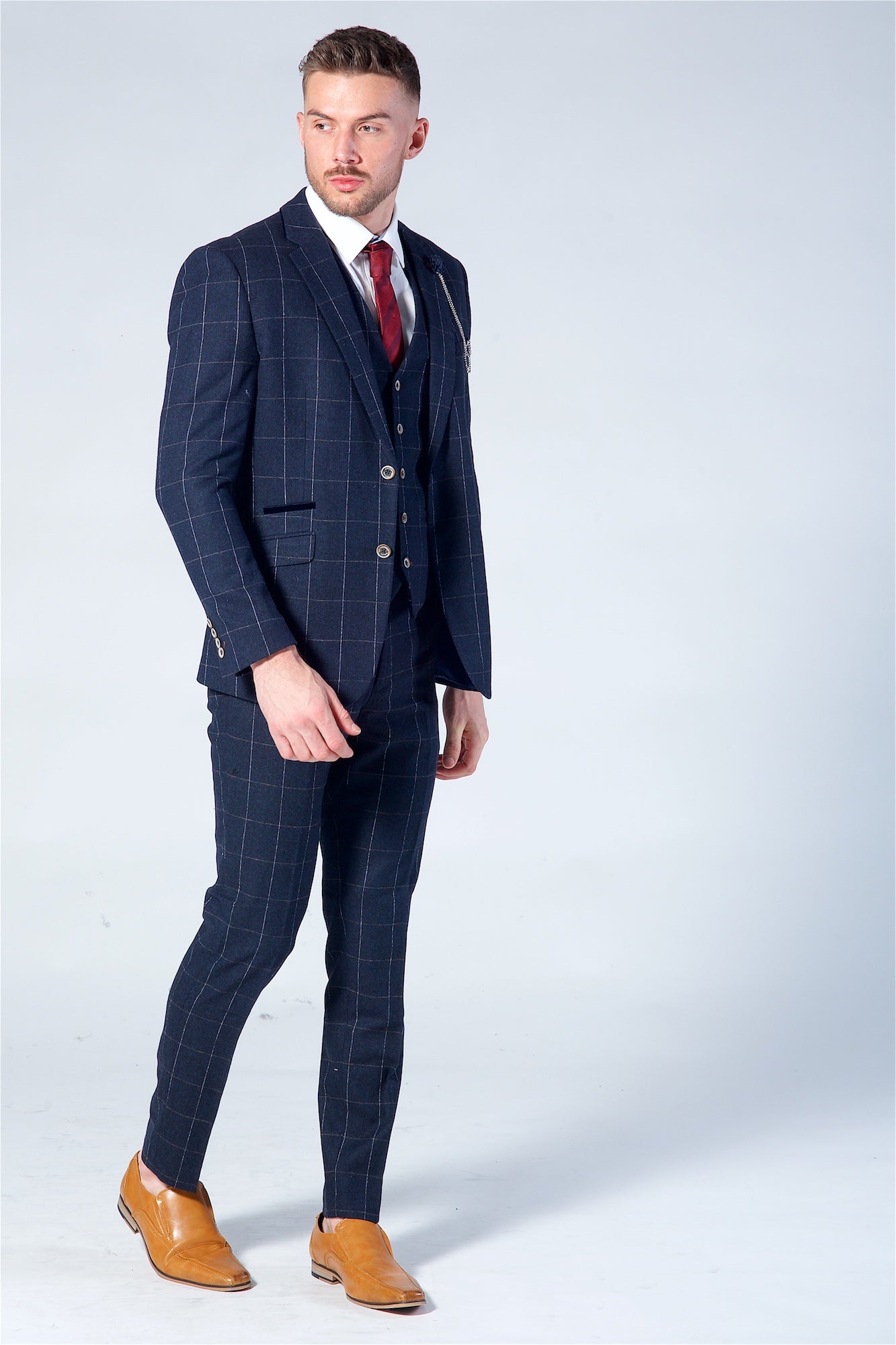 chequered navy suit