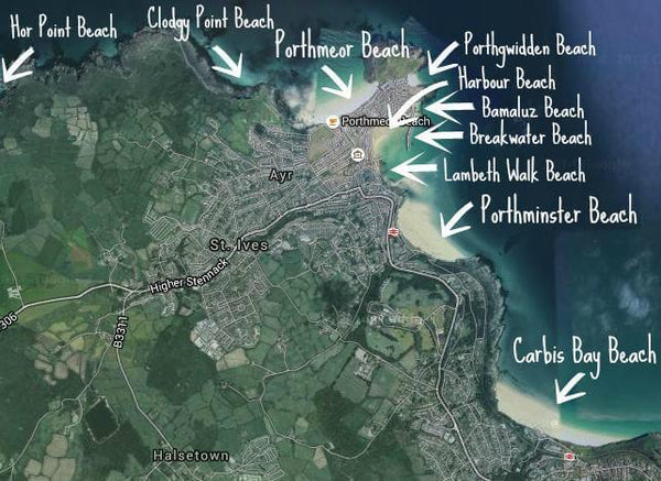 Map Showing St Ives Beaches Cornwall