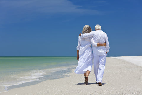 photo of elderly couple walking along beach.