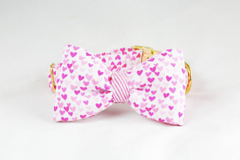 Pink Hearts and Seersucker Dog Bow Tie Collar