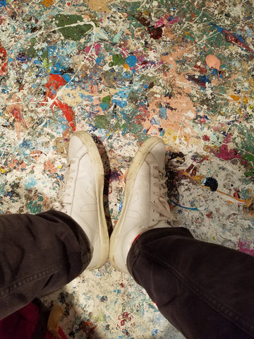 Fairtrade rubber shoes on Chrissy's paint