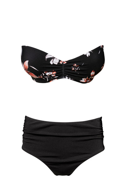 bandeau bikini top with high waisted bottoms