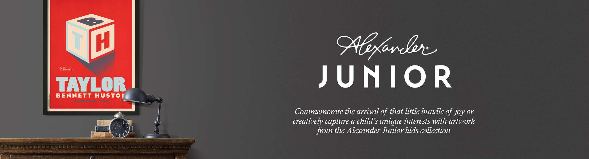 Commemorate the arrival of that little bundle of joy or creatively capture a child's unique interests with artwork from the Alexander Junior kids collection.