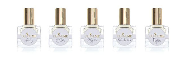 DefineMe Fragrance Oils bottles in a row.