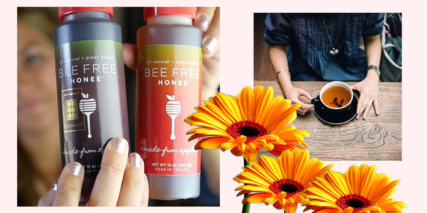 Bee Free Homes bottles side-by-side and women drinking tea with orange flowers.