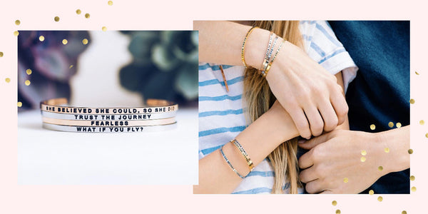 A stack of bracelets with words and picture of two people holding hands showing bracelets.