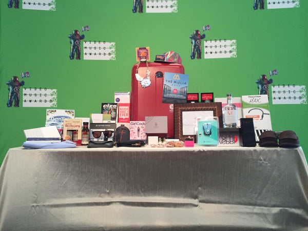 Table with merchandise at MTV's VMA Official Celeb Gift Bag event.